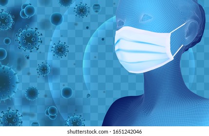 3D female portrait in a medical mask against the background of bacteria, viruses, spores and dust.