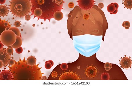 3D female portrait in a medical mask against the background of bacteria, viruses, spores and dust.