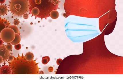 3D female portrait in a medical mask against the background of bacteria, viruses, spores and dust.