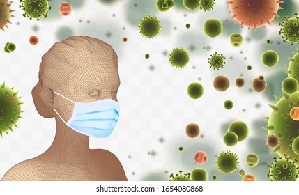 3D female portrait in a medical mask against the background of bacteria, viruses, spores and dust.