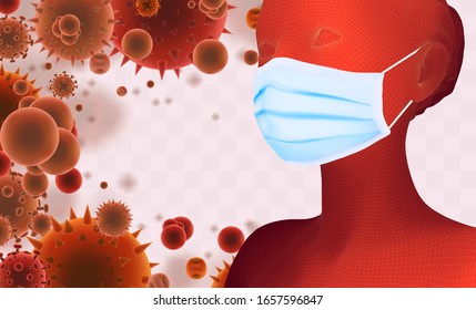 3D female portrait in a medical mask against the background of bacteria, viruses, spores and dust.