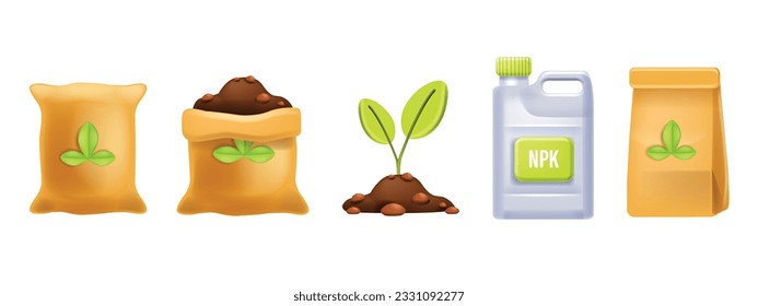 3D fertilizer bag vector icon set, flower soil, garden dirt illustration, ecological ground mineral. Organic hummus plant earth compost manure agriculture cultivation seedling. Farm fertilizer bag can