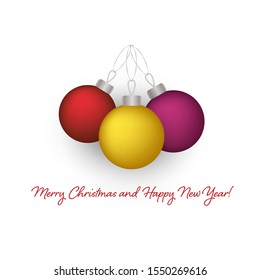 3D Festive Christmas decoration greeting card with text. New year and Christmas poster, seasonal sales banner, shiny logo, gift paper. Vector illustration with glass baubles on white, realistic toys