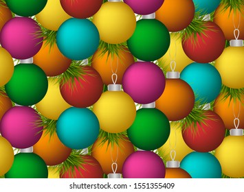 3D Festive Christmas Decoration seamless pattern, colorful balls for decoration of new year celebration gift paper, seasonal sales, logo, icon, greeting card. Bright glass bauble for holiday tree  