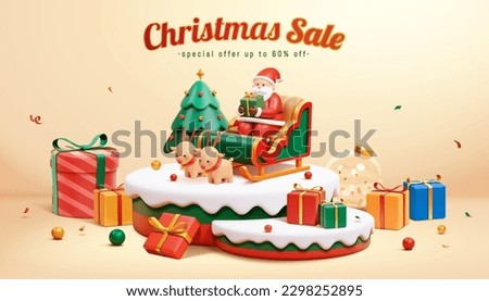 3D Festive Christmas sale poster. Santa in a reindeer sleigh, Christmas tree, and gifts on top of snow covered podiums on light beige background.