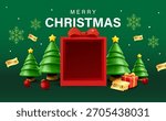3d festive christmas vector illustration featuring a central gift box surrounded by stylized christmas trees, snowflakes, ornaments, and scattered discount coupons, designed for holiday promotions.