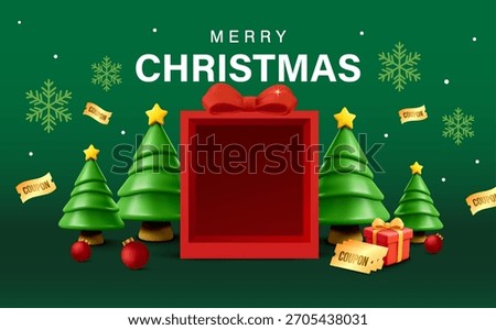 3d festive christmas vector illustration featuring a central gift box surrounded by stylized christmas trees, snowflakes, ornaments, and scattered discount coupons, designed for holiday promotions.