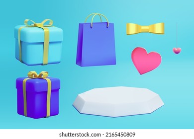 3D festive decoration elements. Illustration of two tied giftboxes, hanging heart, pink acrylic heart, and golden bow tie isolated on cyan background
