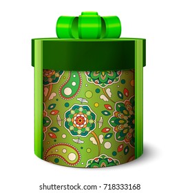 3d festive gift box of green color. Tied with ribbon with a bow on top. Cylindrical packing. Pattern on a round surface. Realistic vintage template.