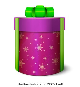 3d festive gift box of purple color. New Year's gift. Christmas surprise. Tied with ribbon with a bow on top. Cylindrical packing. Pattern on a round surface. Realistic vintage template.