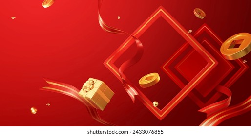 Fondo festivo 3D del día de fiesta con el marco de la copla, la cinta, la moneda y el presente flotando en el fondo rojo