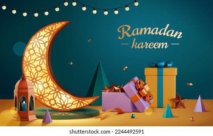 3D festive Ramadan poster. Crescent moon lamp with beautiful pattern surrounded by lantern, gifts and decorations on Turkish blue background.