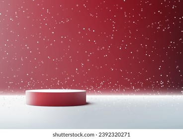 3D festive red podium with snowy background is perfect for showcasing your Christmas and winter products. Ideal for mockups, displays, showrooms, and product presentations. Vector illustration