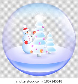 3.º Juguete de bola transparente de invierno festivo. Spruce en la nieve y un muñeco de nieve alegre. EPS10