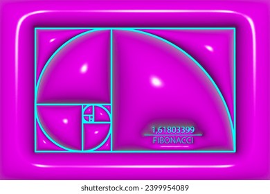 3D Fibonacci Sequence Golden ratio. Geometric shapes spiral of Glossy plastic texture. Sea shell, fashion puffy background. Sacred geometry logo template. Vector cover vibrant pink bubbles background