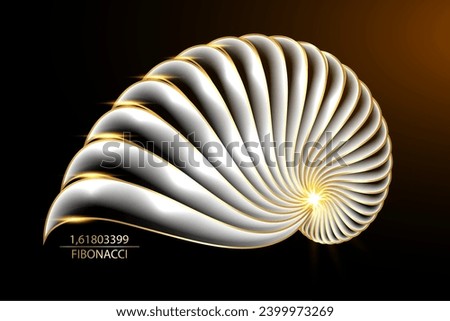 3D Fibonacci Sequence Golden ratio. Geometric shapes spiral. Snail spiral. Sea shell of white circles. Sacred geometry gold logo template. Vector isolated on black background