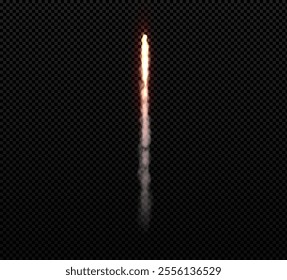 3d fiery red rocket trail. Fire flame rises up. Smoke effect. Movement, energy and speed. Launching a spaceship or jet plane. Design element. Vector illustration isolated on a transparent background.