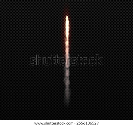 3d fiery red rocket trail. Fire flame rises up. Smoke effect. Movement, energy and speed. Launching a spaceship or jet plane. Design element. Vector illustration isolated on a transparent background.