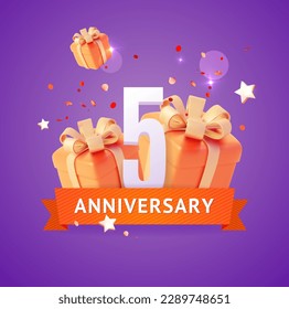 3d Fifth Anniversary Concept Cartoon Style with Different Present Boxes. Vector illustration of Greeting Celebration Five Years svg
