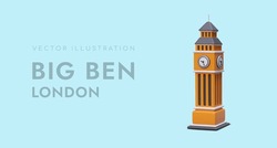 3D Figure Of Big Ben On Horizontal Poster. Realistic Elizabeth Tower. Most Famous Monument Of English Architecture. London Clock On Tower. Symbol Of Tourist Travel To England