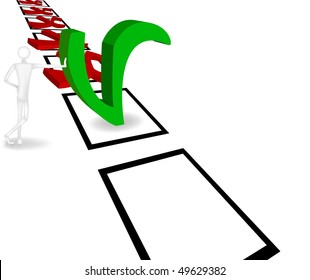 3D figure of a standing man with a hand on a green check button. Vector illustration