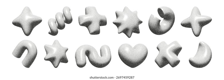 3D figures depicting various whimsical shapes, with a dot noise effect including stars, hearts and waves, create a lively scene.