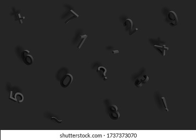 3D figures and punctuation marks. Minimal black pattern. Abstract black background. Vector illustration.