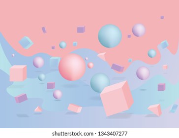 3d figures realistic vector primitives composition abstract minimalism with flying objects and  shapes in motion isolated on pink background. Material design for web and print futuristic decoration 