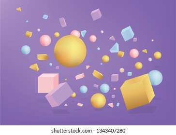 3d figures realistic vector primitives composition abstract minimalism with flying objects and  shapes in motion isolated on purple background. Material design for web and print futuristic decoration 