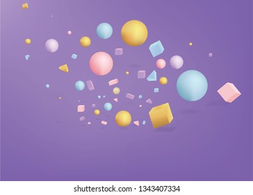 3d figures realistic vector primitives composition abstract minimalism with flying objects and  shapes in motion isolated on purple background. Material design for web and print futuristic decoration 