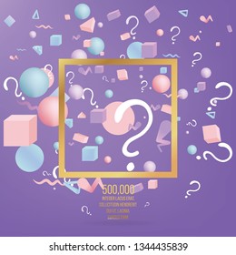 3d figures realistic vector primitives composition with question signs ,abstract minimalism with flying objects and  shapes in motion isolated .Material design for web and print futuristic decoration 