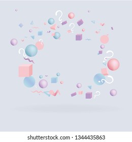 3d figures realistic vector primitives composition with question signs ,abstract minimalism with flying objects and  shapes in motion isolated .Material design for web and print futuristic decoration 