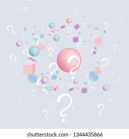 3d figures realistic vector primitives composition with question signs ,abstract minimalism with flying objects and  shapes in motion isolated .Material design for web and print futuristic decoration 