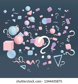 3d figures realistic vector primitives composition with question signs ,abstract minimalism with flying objects and  shapes in motion isolated .Material design for web and print futuristic decoration 