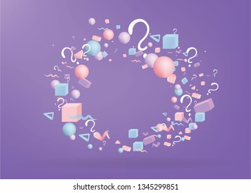 3d figures realistic vector primitives composition with question signs ,abstract minimalism with flying objects and  shapes in motion isolated .Material design for web and print futuristic decoration 