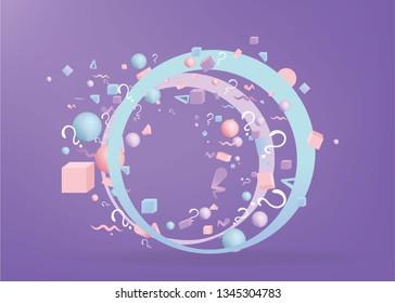 3d figures realistic vector primitives composition with question signs ,abstract minimalism with flying objects and  shapes in motion isolated .Material design for web and print futuristic decoration 
