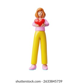 3D figurine of woman in yellow pants holding heart. Happy Valentine's Day. Happy character. Love, relationship, gift. Cartoon style. Isolated background. Icon. Rendering.