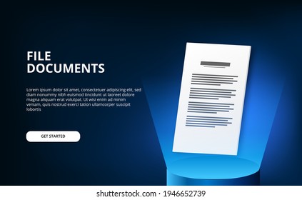 3d file documents paper with 3d cylinder podium with blue light technology for information business data archive with dark background