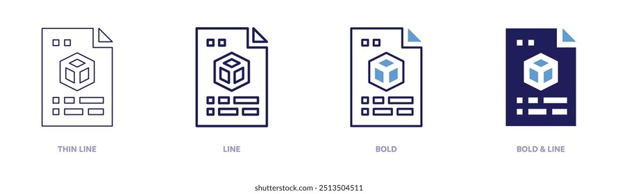 Icono de archivo 3D en 4 estilos diferentes. Línea delgada, línea, negrita y línea negrita. Estilo duotono. Trazo editable.