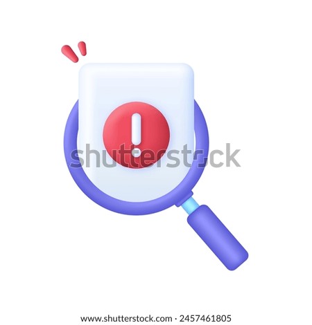 3D File and magnifying glass. Concept of analyze project. Exclamation concept. Trendy and modern vector in 3d style