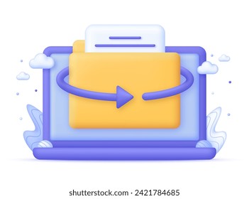 3D File transfer of document in folder. Files transferred encrypted form. Backup of information. Data encryption, protected connection. Trendy and modern vector in 3d style