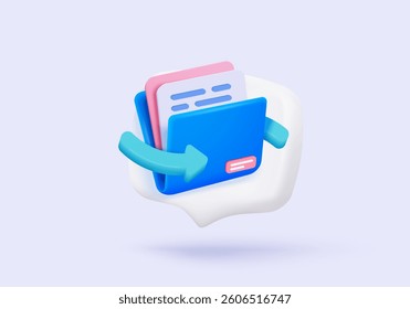 3d file transfer of document in folder, file transfer encrypted form, connection docs information migration concept. Access to remote file and folder. 3d document exchange vector render Illustration