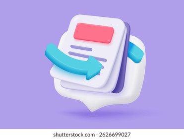 3d file transfer of document in folder, file transfer encrypted form, connection docs information migration concept. Access to remote file and folder. 3d document exchange vector render Illustration