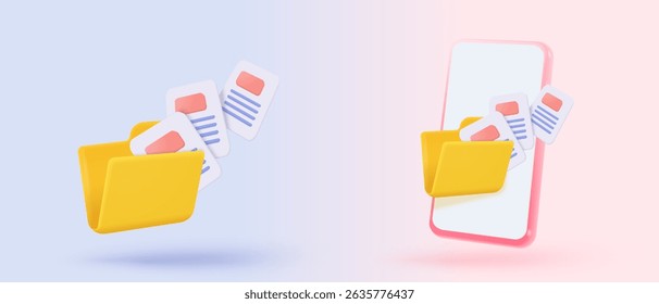 3d file transfer of document in folder, file transfer encrypted form, connection docs information migration concept. Access to remote file and folder. 3d document exchange vector render Illustration
