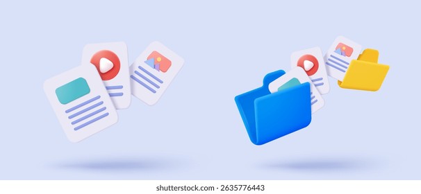 3d file transfer of document in folder, file transfer encrypted form, connection docs information migration concept. Access to remote file and folder. 3d document exchange vector render Illustration