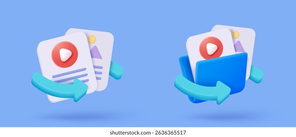 3d file transfer of document in folder, file transfer encrypted form, connection docs information migration concept. Access to remote file and folder. 3d document exchange vector render Illustration