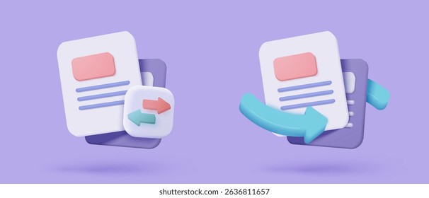 3d file transfer of document in folder, file transfer encrypted form, connection docs information migration concept. Access to remote file and folder. 3d document exchange vector render Illustration
