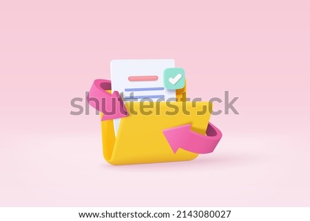 3d file transfer of document in folder, file transfer encrypted form, connection docs information migration concept. 3d docs file and folder laptop. 3d document exchange vector render Illustration