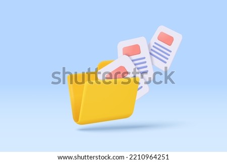 3d file transfer of document in folder, file transfer encrypted form, connection docs information migration. Access to remote file documents 3d and folder. 3d document icon vector render Illustration