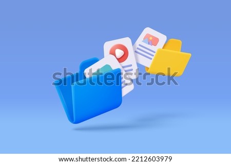 3d file transfer of document in folder, file transfer encrypted form, connection docs information migration concept. Download file 3d to folder. 3d folder document exchange vector render Illustration